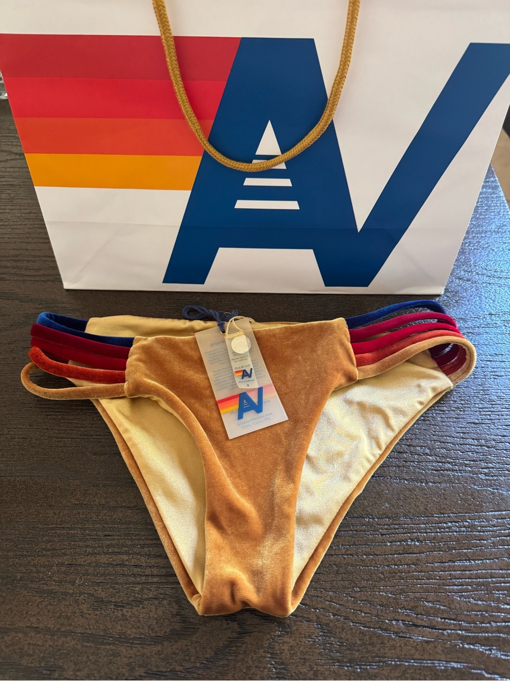 Aviator Nation Mustard Velvet Bikini Bottom with Multicolor Straps
